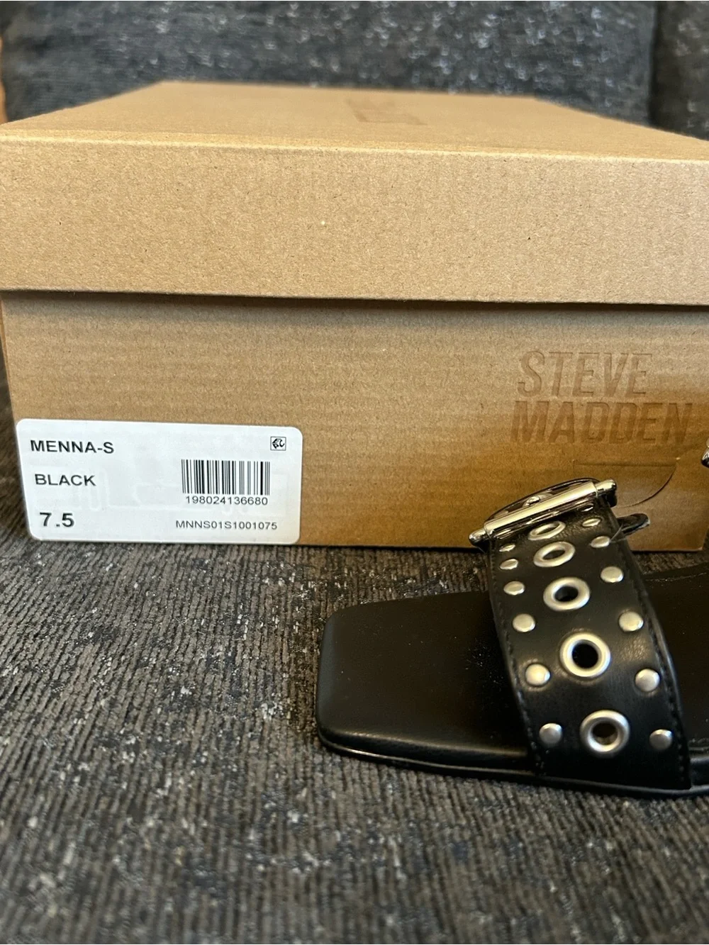 Steve Madden Black Grommet Buckle Block Heel Mules - Picture 5 of 8